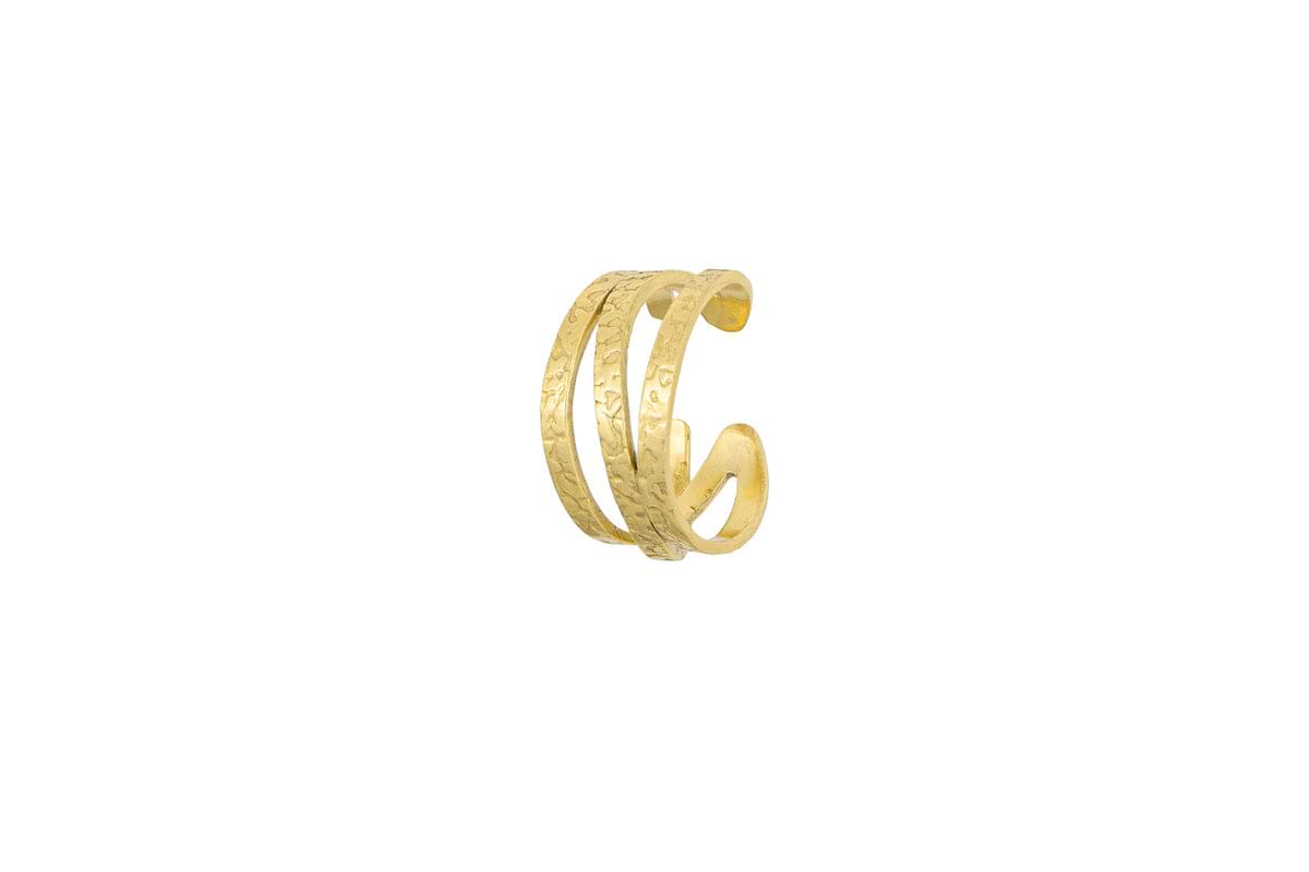 The Katai Ring - Gold by nkuku features three parallel, hammered texture bands with a subtle engraved pattern, displayed against a plain white background.