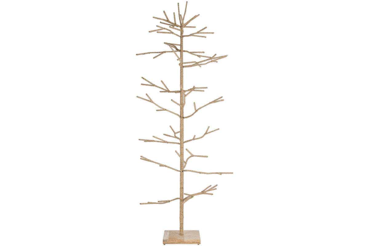 The nkuku Mala Base Jute Tree - Natural features minimalist woven jute branches, a central trunk, and stands upright on a square wooden base. Its simple design on a plain white background adds festive charm.