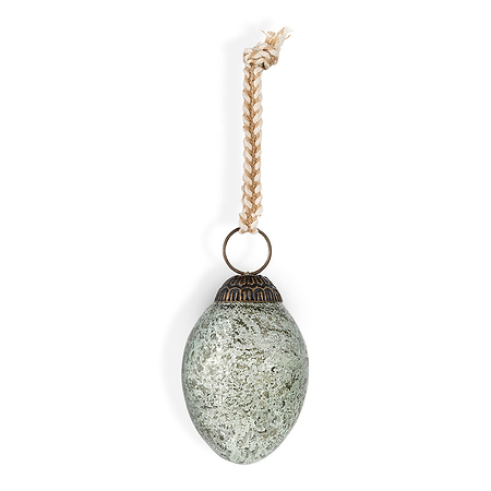 The Andai Hanging Egg Decoration by nkuku features an oval, mottled gray-green stone with an ornate dark metal cap and braided natural fiber cord. Sold as a set of 4 in antique teal, shown here against a plain white background.