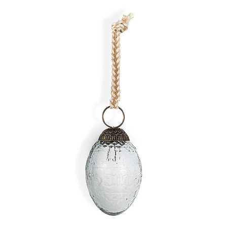 The nkuku Essan Hanging Egg Decoration - Clear (Set of 4) features oval, textured glass ornaments with antique-style metal caps and rope hangers, perfect for adding a subtle decorative touch against any backdrop.