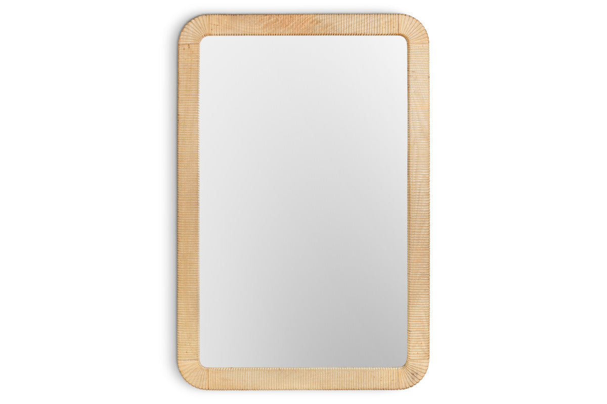 The nkuku Vivan Rectangular Grooved Wood Mirror features a minimalist design with rounded corners, a natural mango wood frame, and a clear reflective surface, creating an elegant accent against any plain white background.