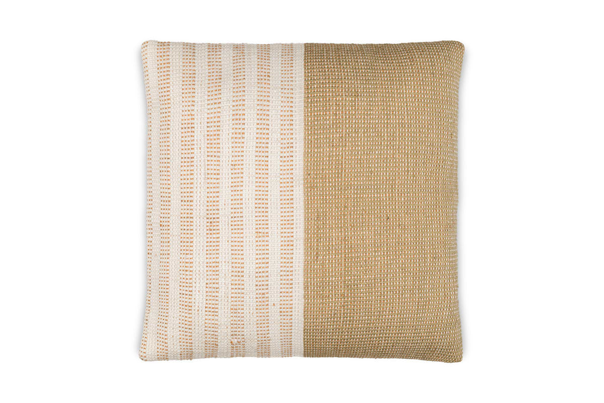 The Samata Recycled Cushion Cover - Moss by nkuku features vertical beige and white stripes on the left and a solid beige right side, adding textured style to your decor. Photographed against a white background.