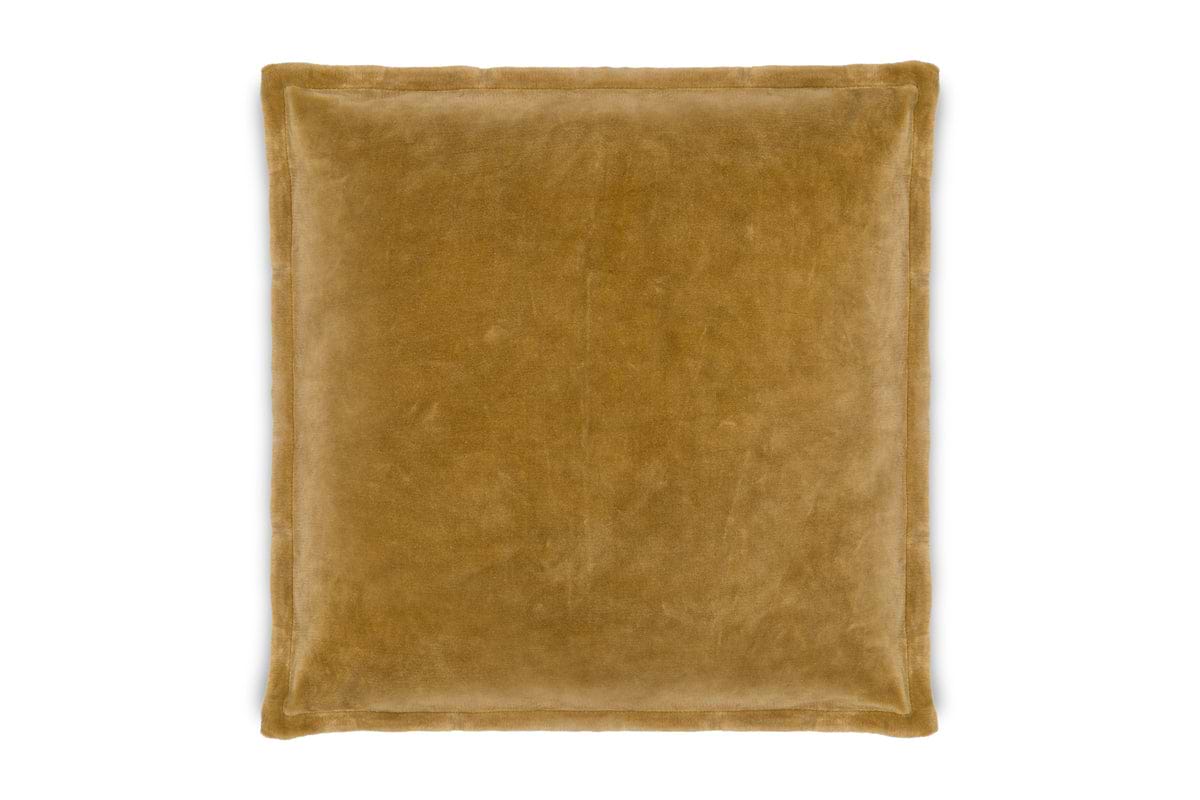 The nkuku Sela Velvet Cushion Cover in ochre features a rectangular design with a plush texture and subtly raised edge seams, shown here against a white background.