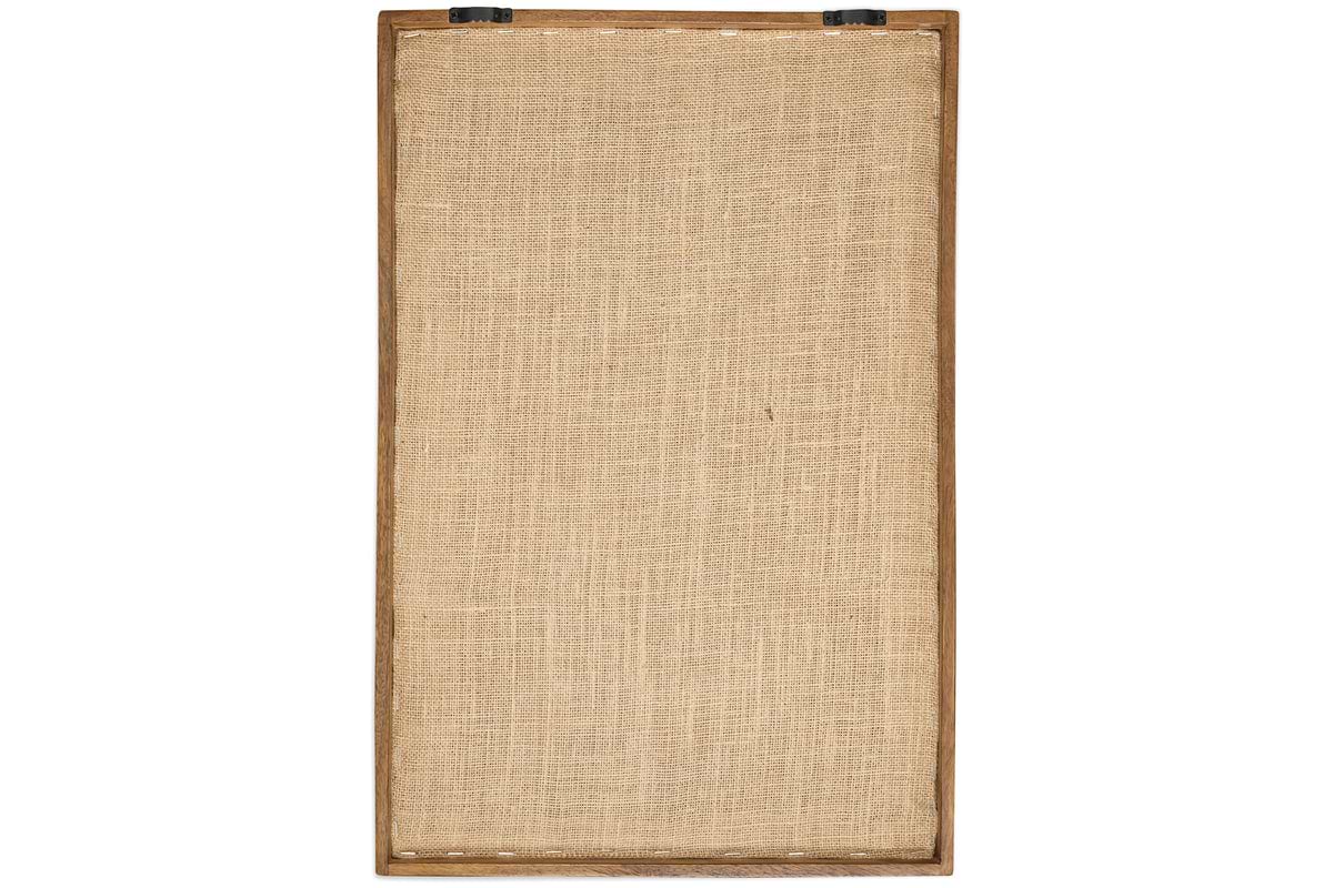 The Samaya Hand Stitched Wall Art - Natural by nkuku is shown from the back, tightly stretched in a simple, sustainable mango wood frame with two black metal brackets for hanging. The background is white.