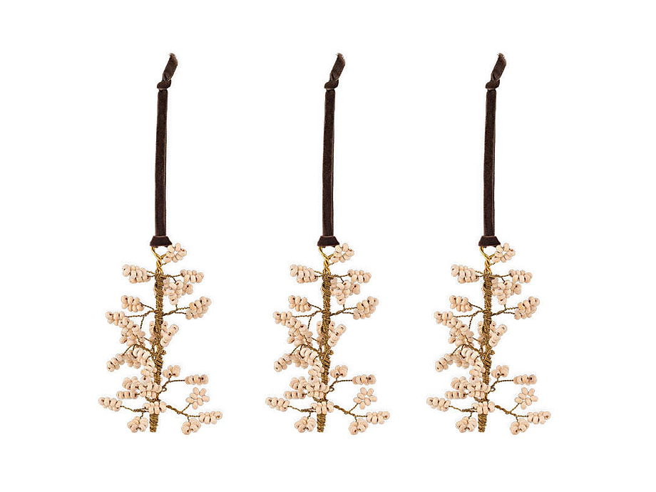 Tanu Mango Wood Beaded Baubles - Brass & Natural (Set of 3)