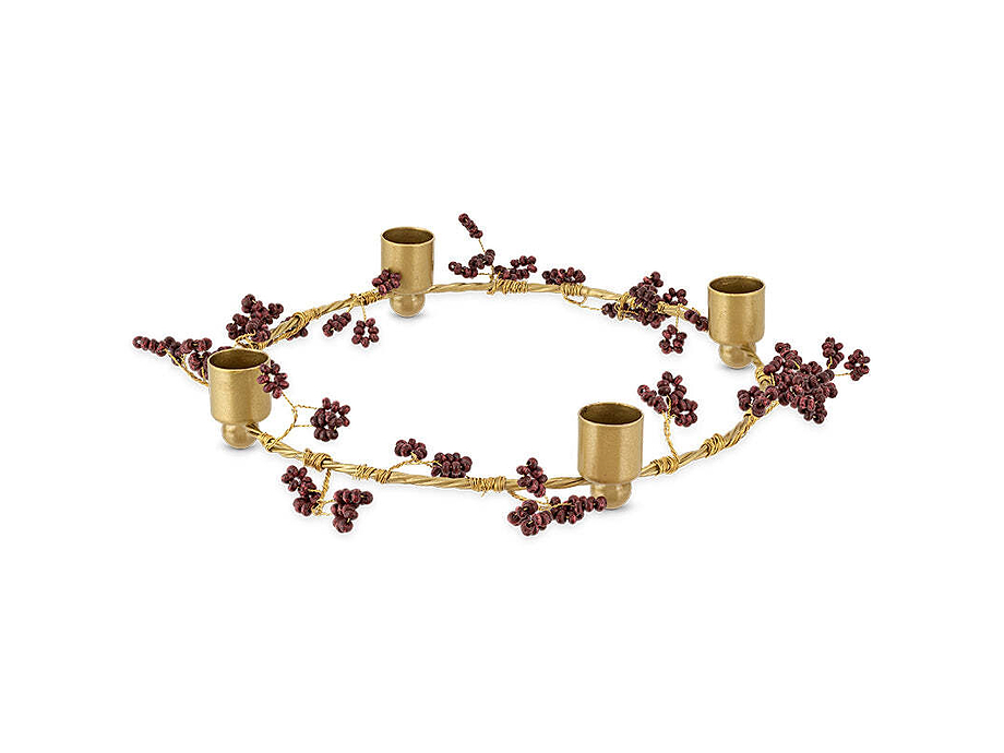 Tanu Mango Wood Beaded Candle Holder - Brass & Ruby