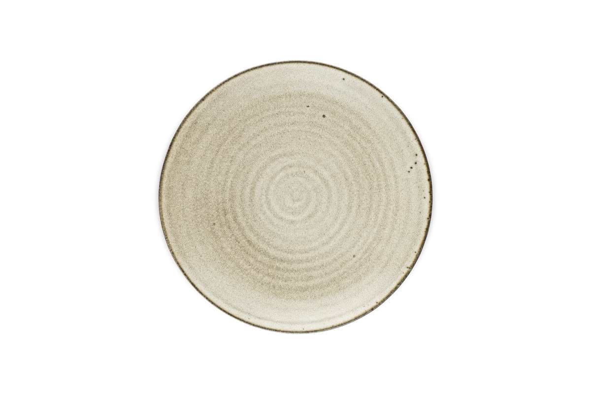 The Valinha Earthenware Side Plate by nkuku features a round, grey ceramic design with a textured spiral pattern and a slightly darker rim, viewed from above on a white background—a subtly elegant tableware piece.
