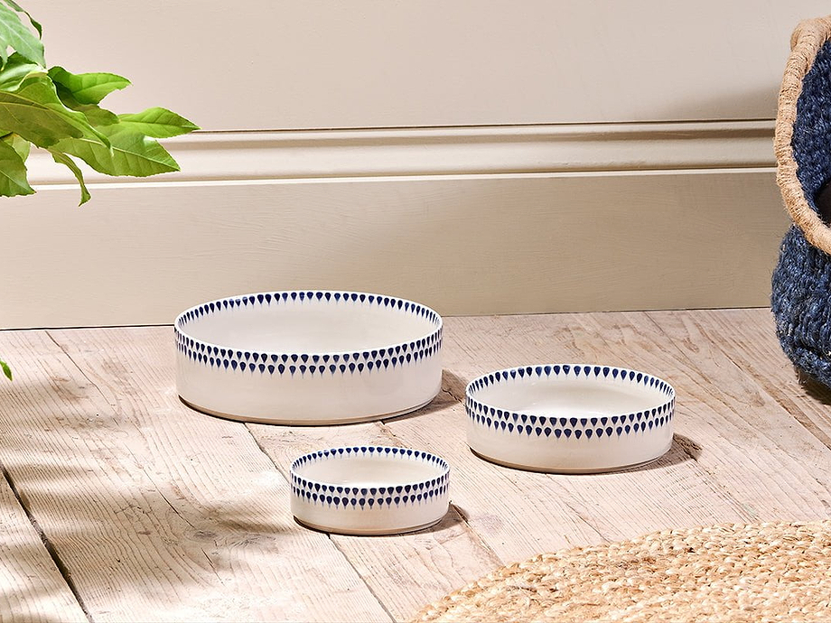 Indigo Drop Ceramic Pet Bowl - Cream & Indigo - Large