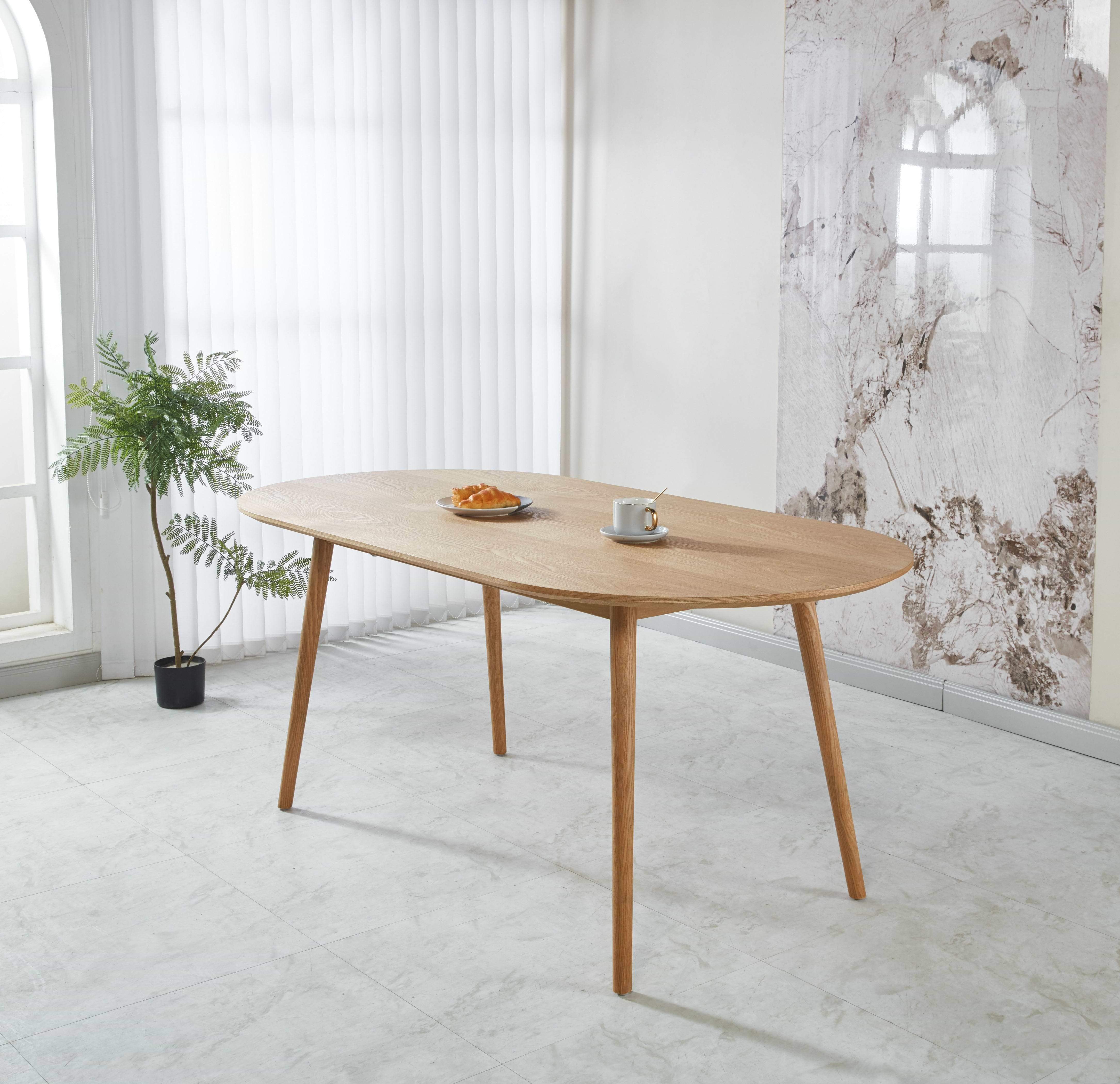 פינת אוכל שולחן אובלי צבע עץ אלון 180*90 ס"מ דגם סלסטה + 4 כיסאות חול בשילוב רגל אלון דגם שירז