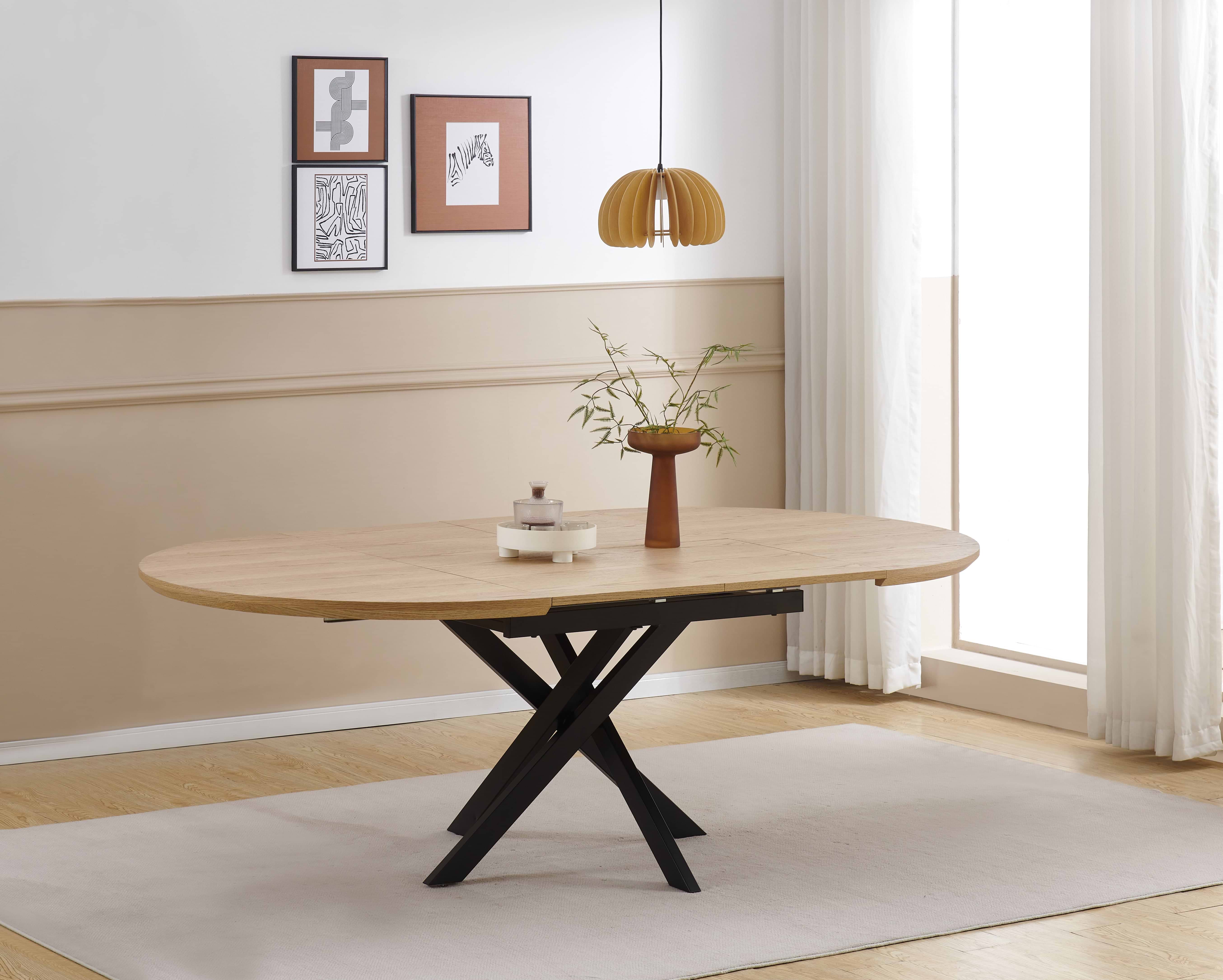 שולחן פינת אוכל עגול נפתח צבע עץ אלון 120-210 ס"מ דגם נאור+ 4 כיסאות מרופדים במגוון צבעים לבחירה ( שמנת) דגם שחר