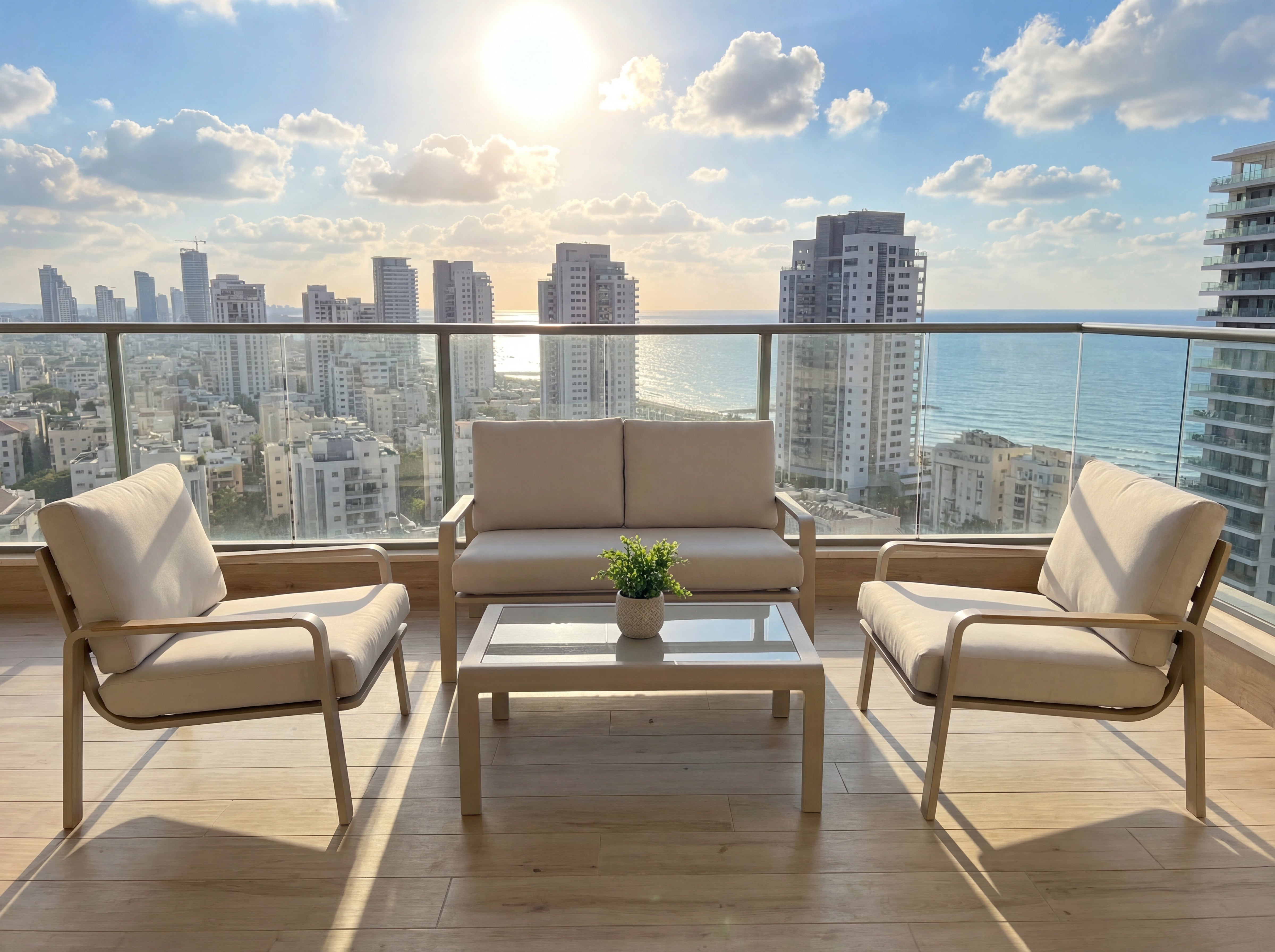 פינת ישיבה לגינה אלומיניום בצבע שמפניה בשילוב ידיות בצבע עץ וכריות בז' דגם תומר