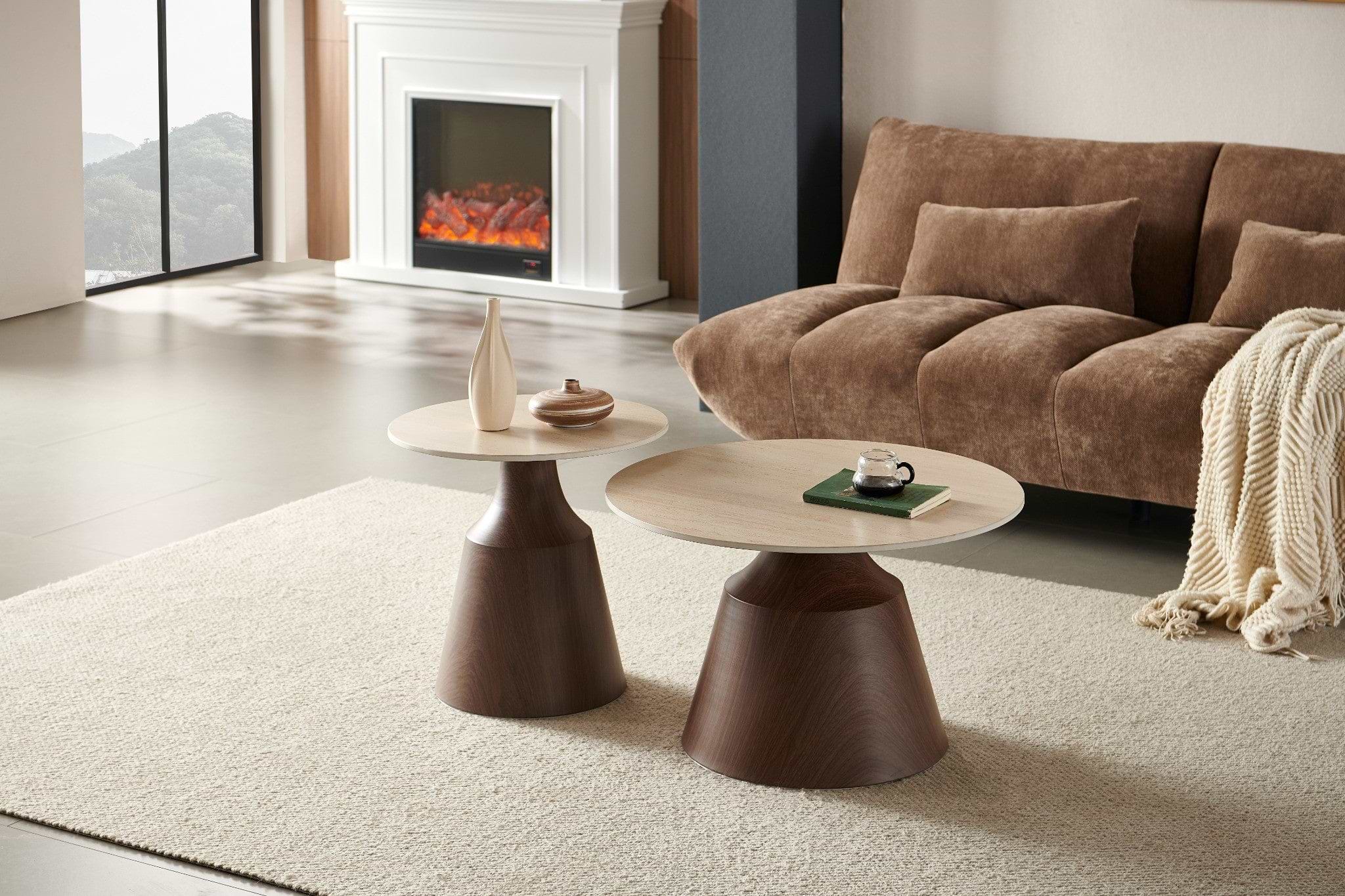 זוג שולחנות סלון טרוונטין בשילוב רגלי אגוז דגם אורבן