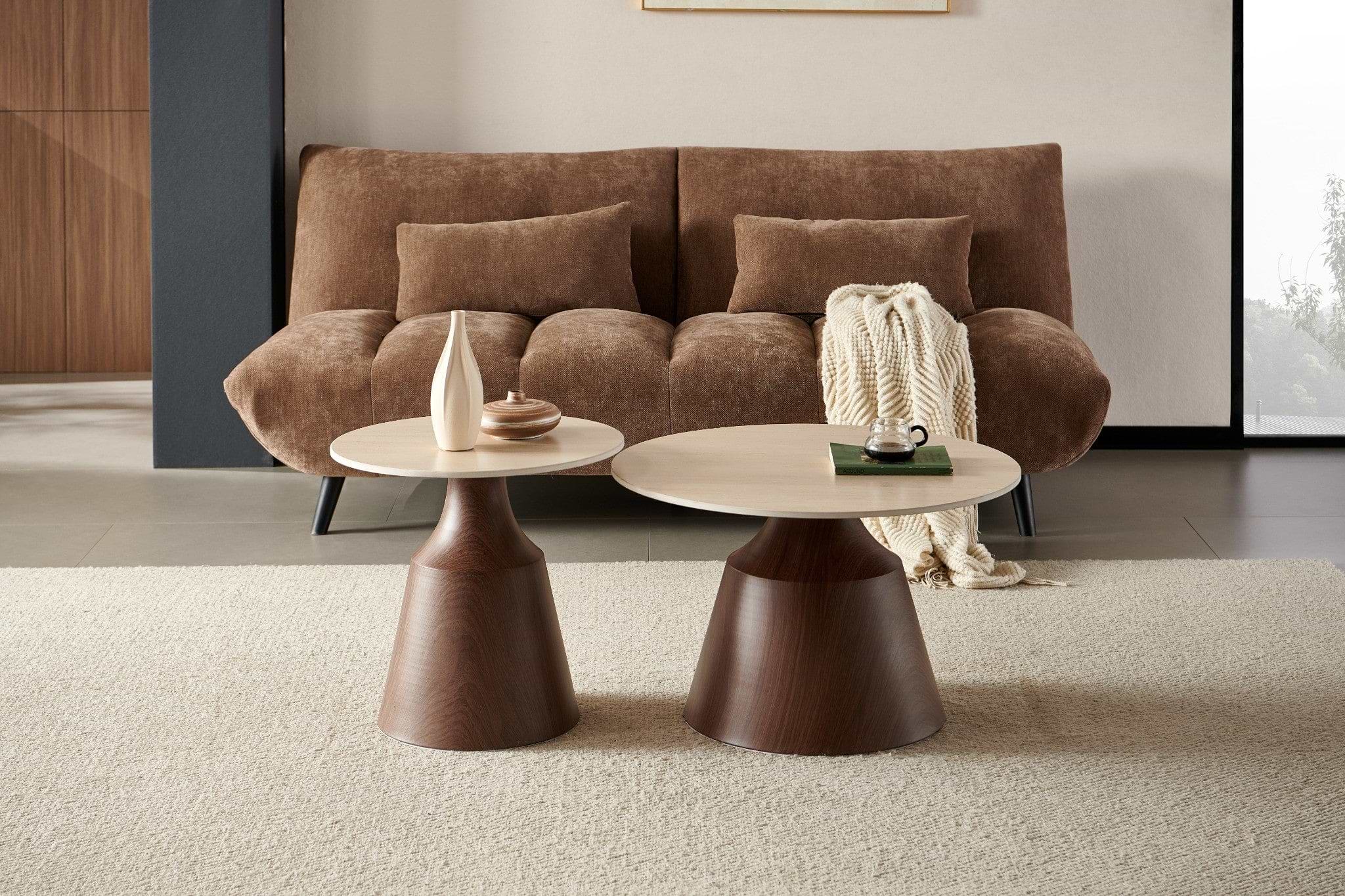 זוג שולחנות סלון טרוורטין בשילוב רגלי אגוז דגם אורבן