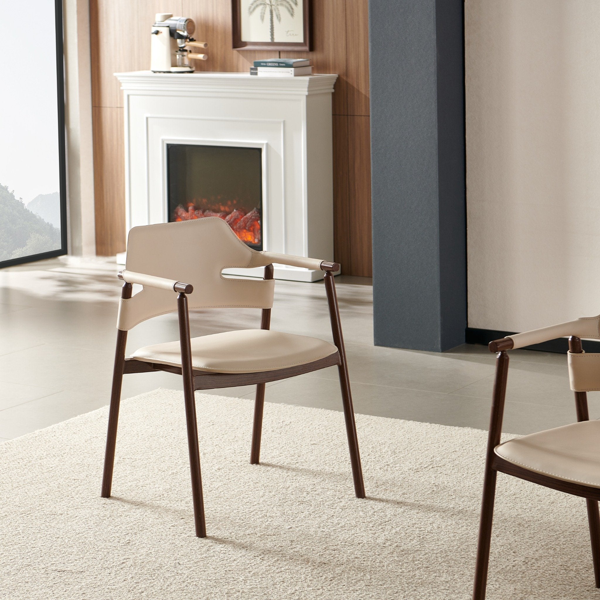 פינת אוכל שולחן מלבני נפתח טרוורטין עם רגליים בצבע אגוז 160-240*90 ס"מ PAROS ו4 כיסאות דמוי עור סהרה בשילוב רגל אגוז דגם סלינה