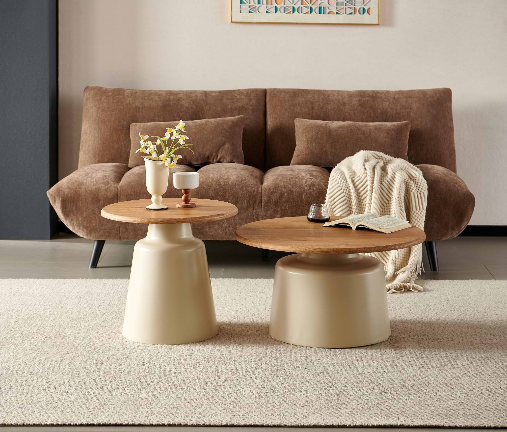 זוג שולחנות סלון מעץ בשילוב רגלי מתכת דגם סוזן