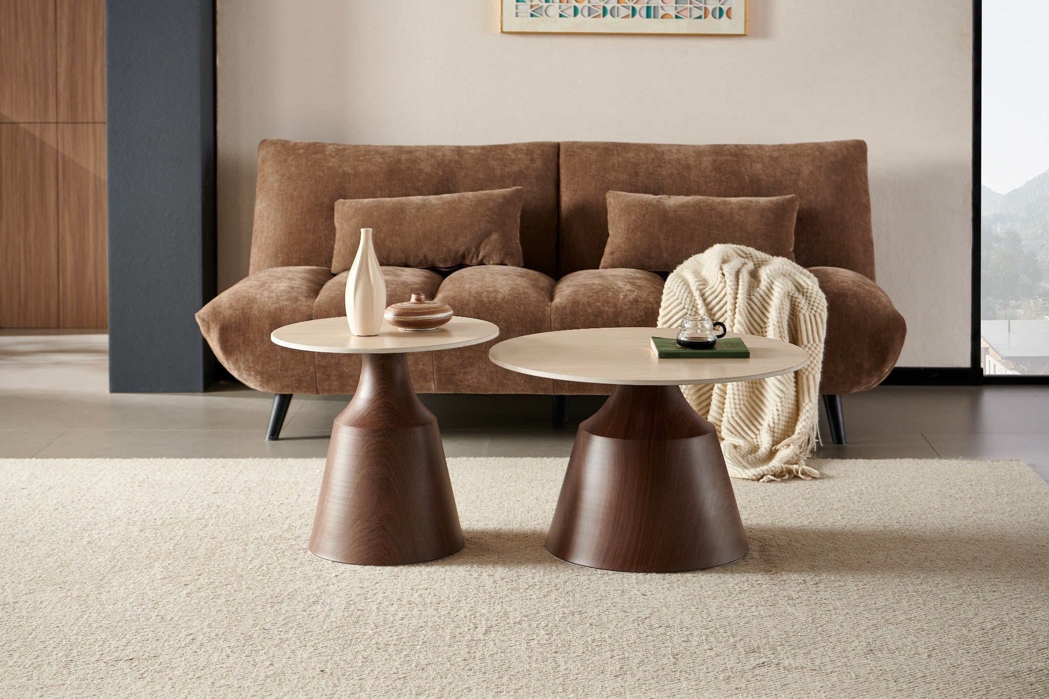 זוג שולחנות סלון טרוונטין בשילוב רגלי אגוז דגם אורבן