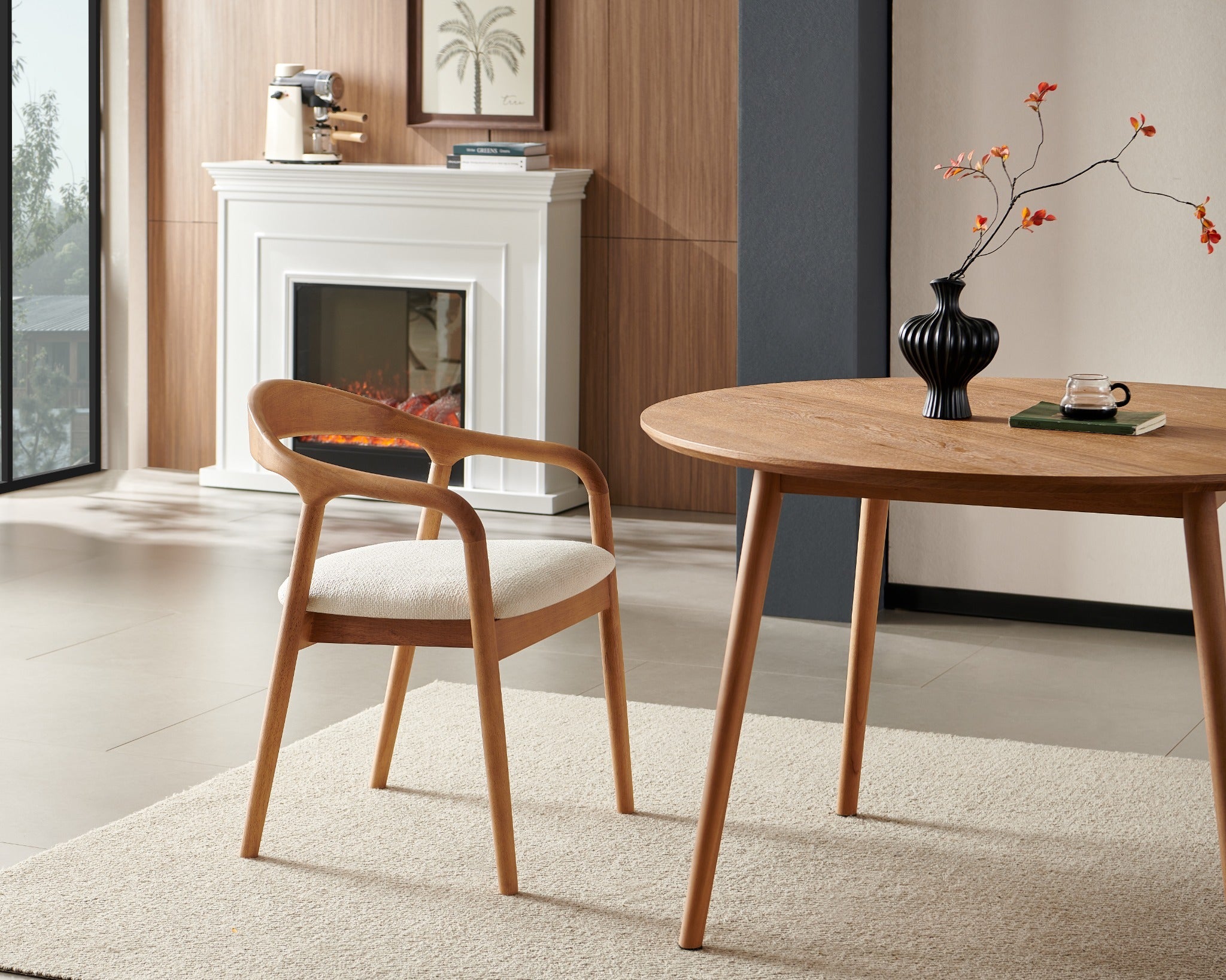 כסא אוכל עץ מלא בצבע אלון בשילוב בד פשתן שמנת דגם ג'ורדן