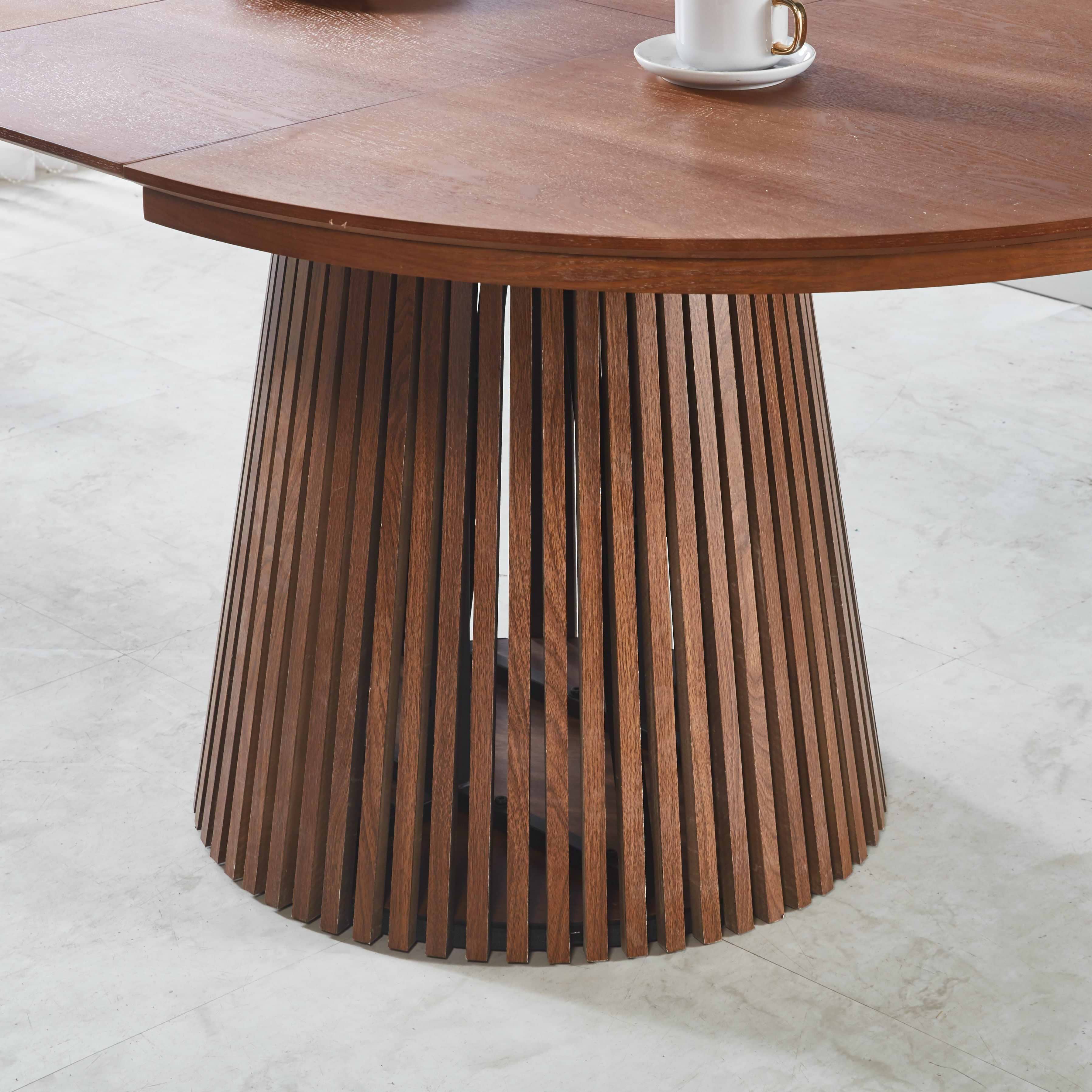 שולחן פינת אוכל עגול נפתח צבע עץ אגוז 120-160 ס"מ דגם דילן + 4 כיסאות CELIO צבע אגוז בשילוב בד חול