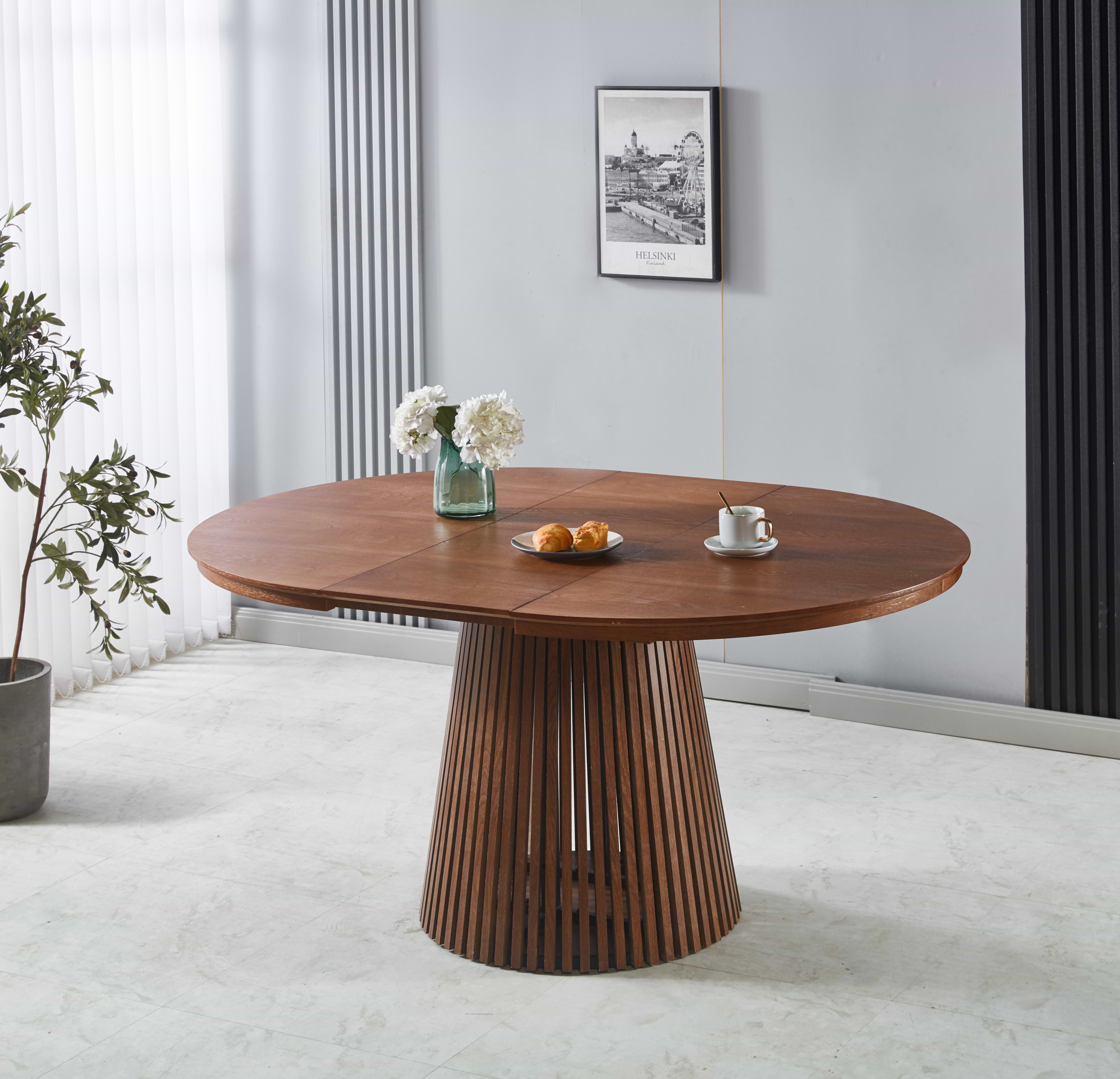 סט פינת אוכל שולחן עגול נפתח צבע עץ אגוז 120 ס"מ דגם דילן+4 כיסאות צבע קרם בשילוב רגל אגוז דגם שחר