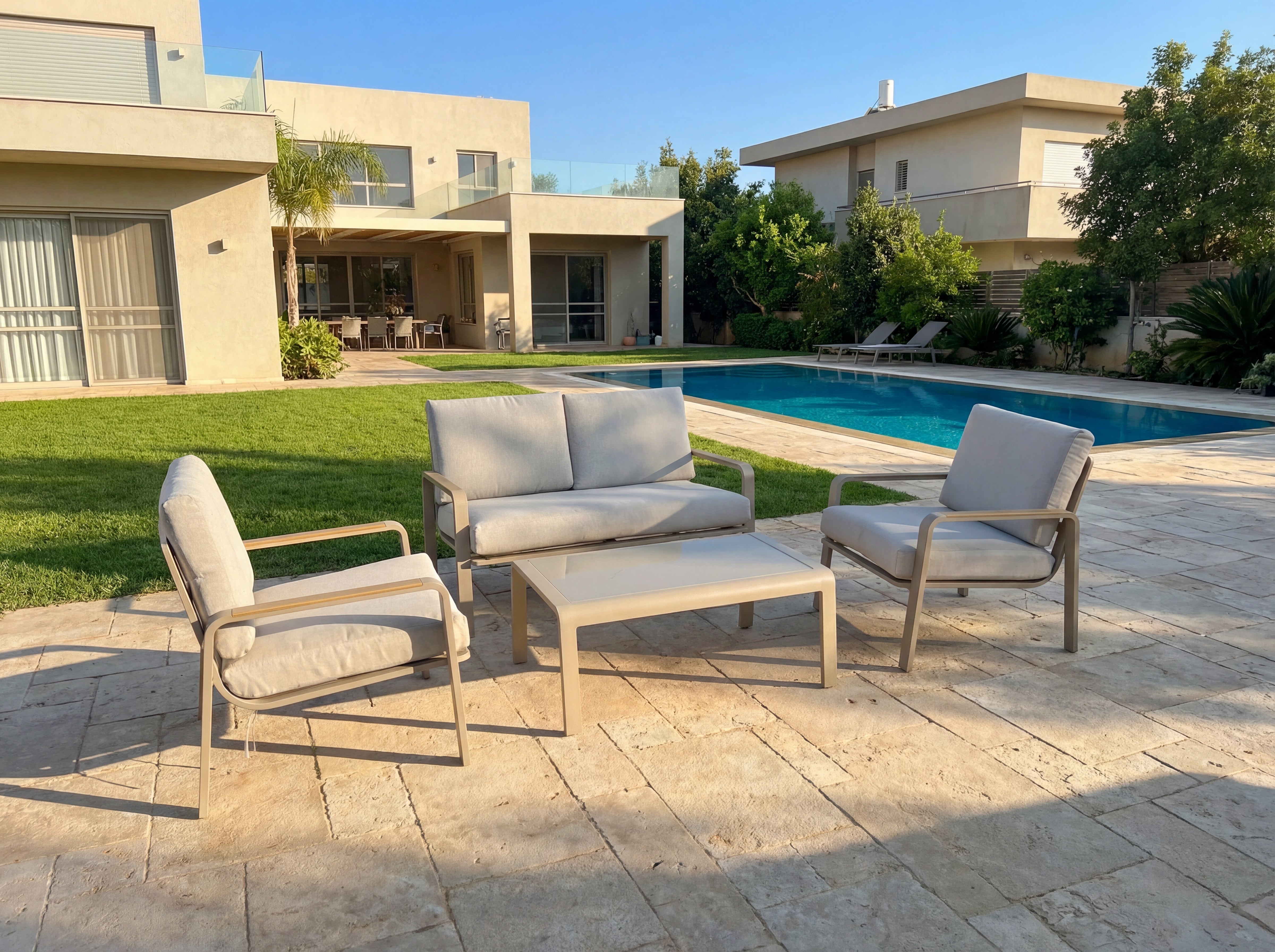 פינת ישיבה לגינה אלומיניום בצבע שמפניה בשילוב ידיות בצבע עץ וכריות בז' דגם תומר