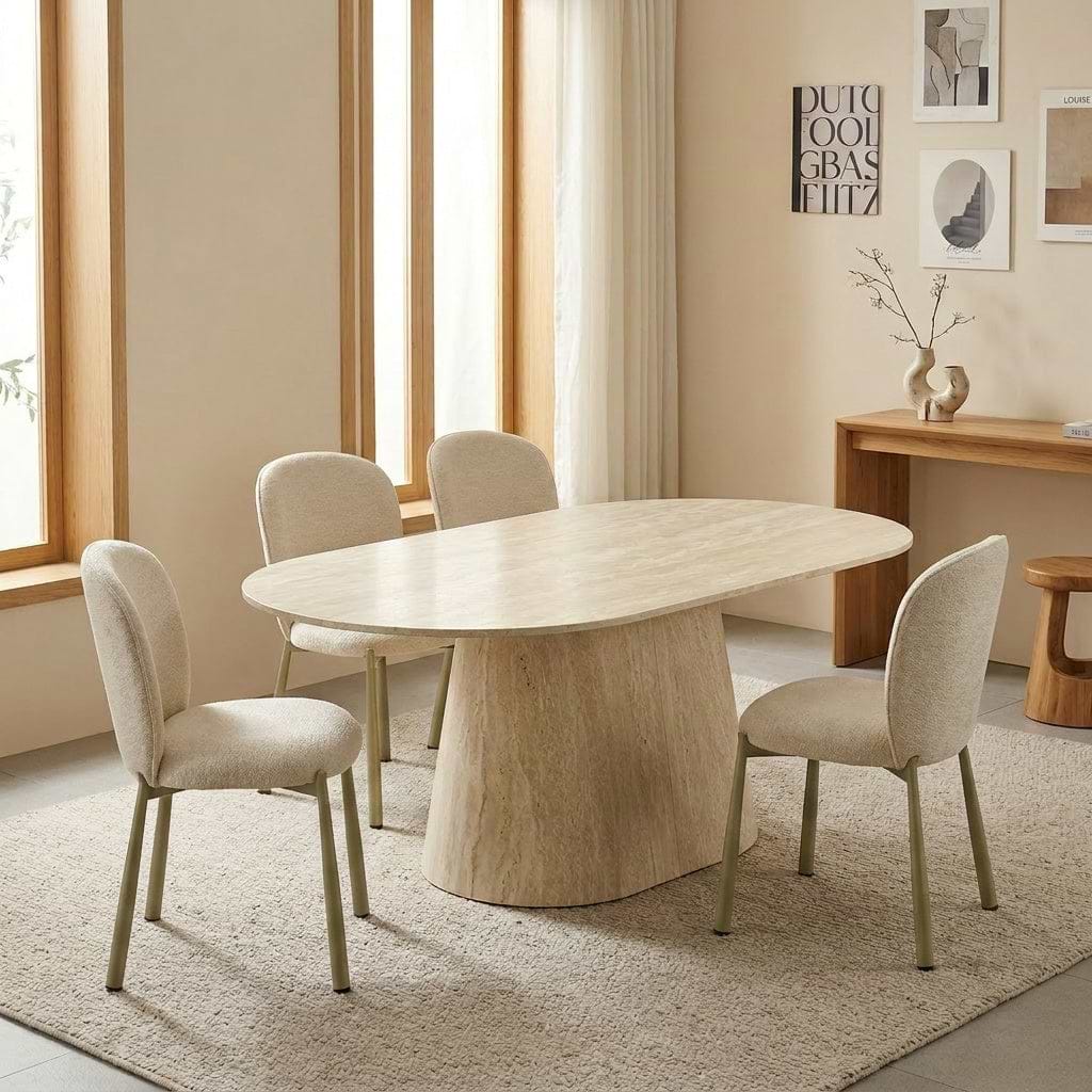 סט פינת אוכל שולחן פינת אוכל טרוורטין אובלי 200*100 ס"מ בשילוב 4 כיסאות מרופדים ורגל מייפל דגם לני