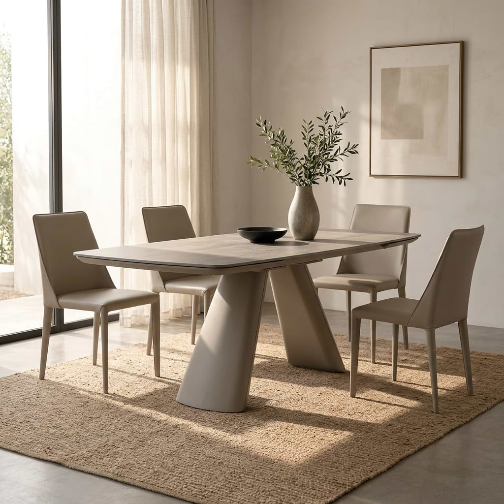 סט פינת אוכל שולחן מלבני נפתח טרוונטין בשילוב רגל מתכת בצבע מייפל דגם LEO + 4 כיסאות דמוי עור בגוון סהרה דגם מייק