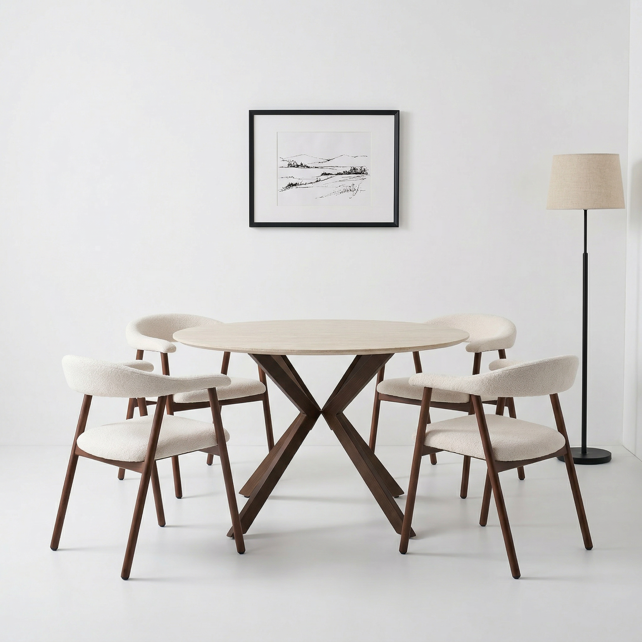 סט פינת אוכל שולחן פינת אוכל טרוורטין עגול 120 ס"מ בשילוב רגל אגוז דגם OSLO + 4 אוכל שמנת בשילוב רגלי אגוז דגם אלמה