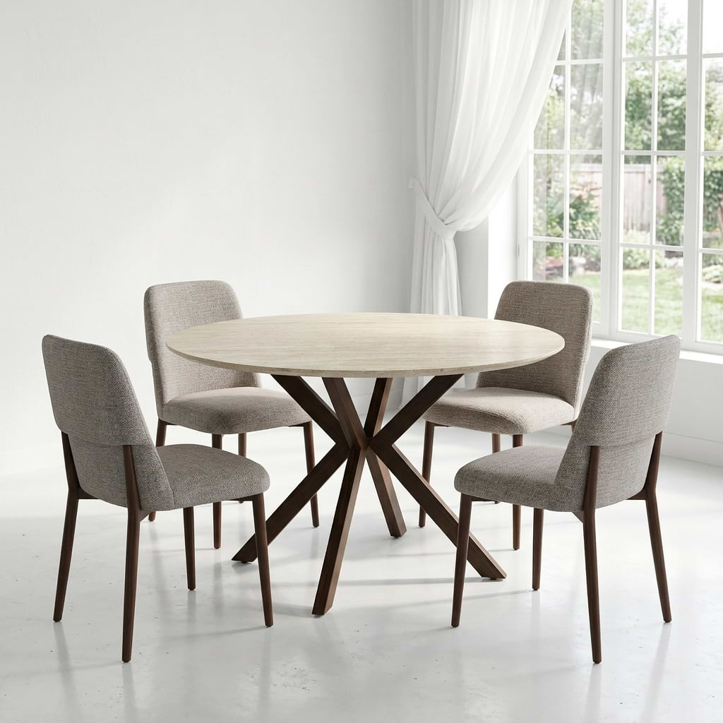 סט פינת אוכל שולחן פינת אוכל טרוורטין עגול 120 ס"מ בשילוב רגל אגוז דגם OSLO + 4 כסאות אוכל בצבע חול בשילוב רגל אגוז דגם סורה