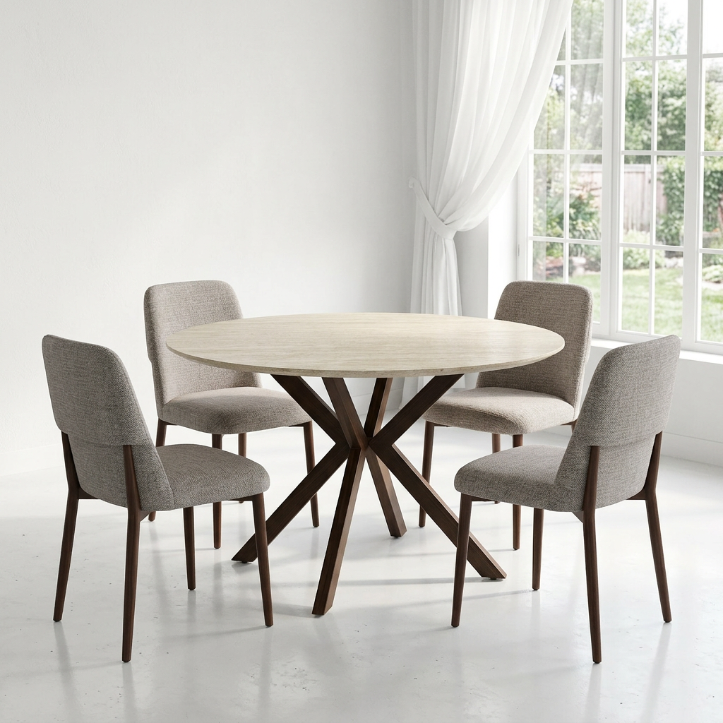 סט פינת אוכל שולחן פינת אוכל טרוורטין עגול 120 ס"מ בשילוב רגל אגוז דגם OSLO + 4 כסאות אוכל  בצבע חול בשילוב רגל אגוז דגם סורה