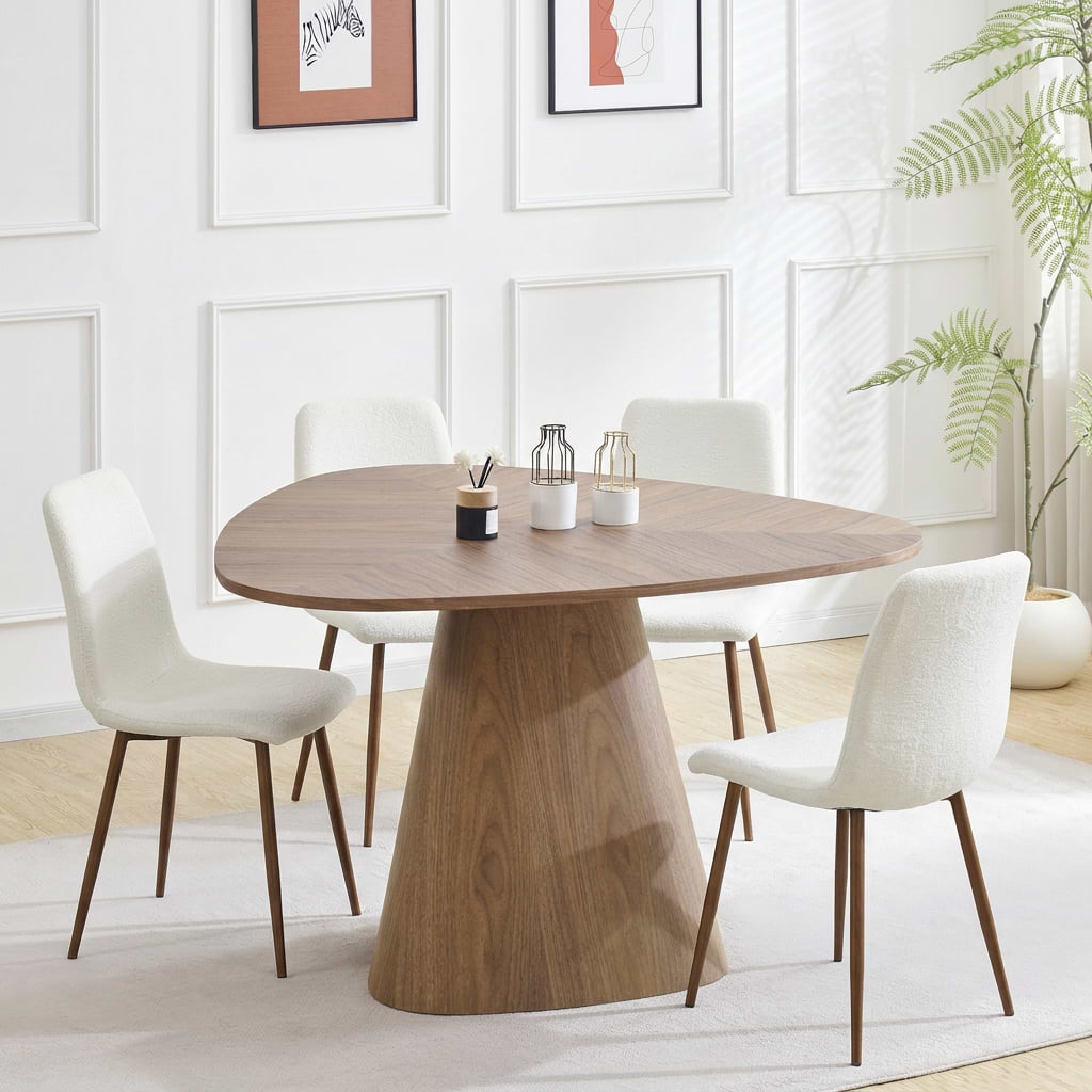 שולחן פינת אוכל אמורפי מעץ בצבע אגוז 120*120 ס"מ OLIVER + 4 כיסאות בד חול בשילוב רגל אגוז דגם שחר