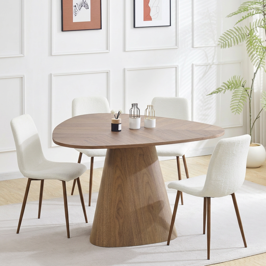 שולחן פינת אוכל אמורפי מעץ בצבע אגוז 120*120 ס"מ OLIVER  + 4 כיסאות בד חול בשילוב רגל אגוז דגם שחר