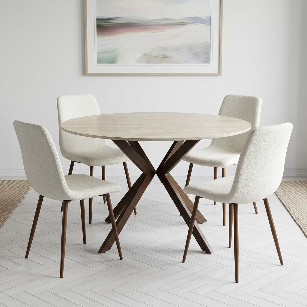 סט פינת אוכל שולחן פינת אוכל טרוורטין עגול 12 ס"מ בשילוב רגל אגוז דגם OSLO + 4 כיסאות בד חול בשילוב רגל אגוז דגם שחר