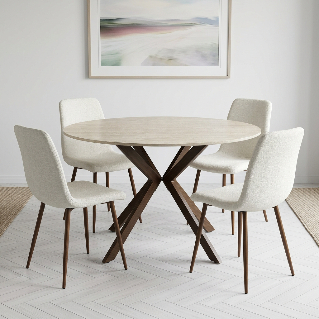 סט פינת אוכל שולחן פינת אוכל טרוורטין עגול 12 ס"מ בשילוב רגל אגוז דגם OSLO + 4 כיסאות בד חול בשילוב רגל אגוז דגם שחר