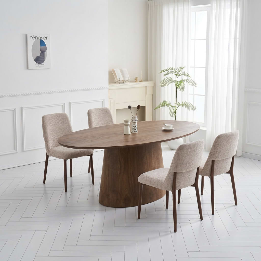 סט פינת אוכל שולחן אוכל אובלי מעץ בצבע אגוז 200*100 ס"מ ALTON+ 4 כיסאות אוכל בצבע חול בשילוב רגל אגוז דגם סורה