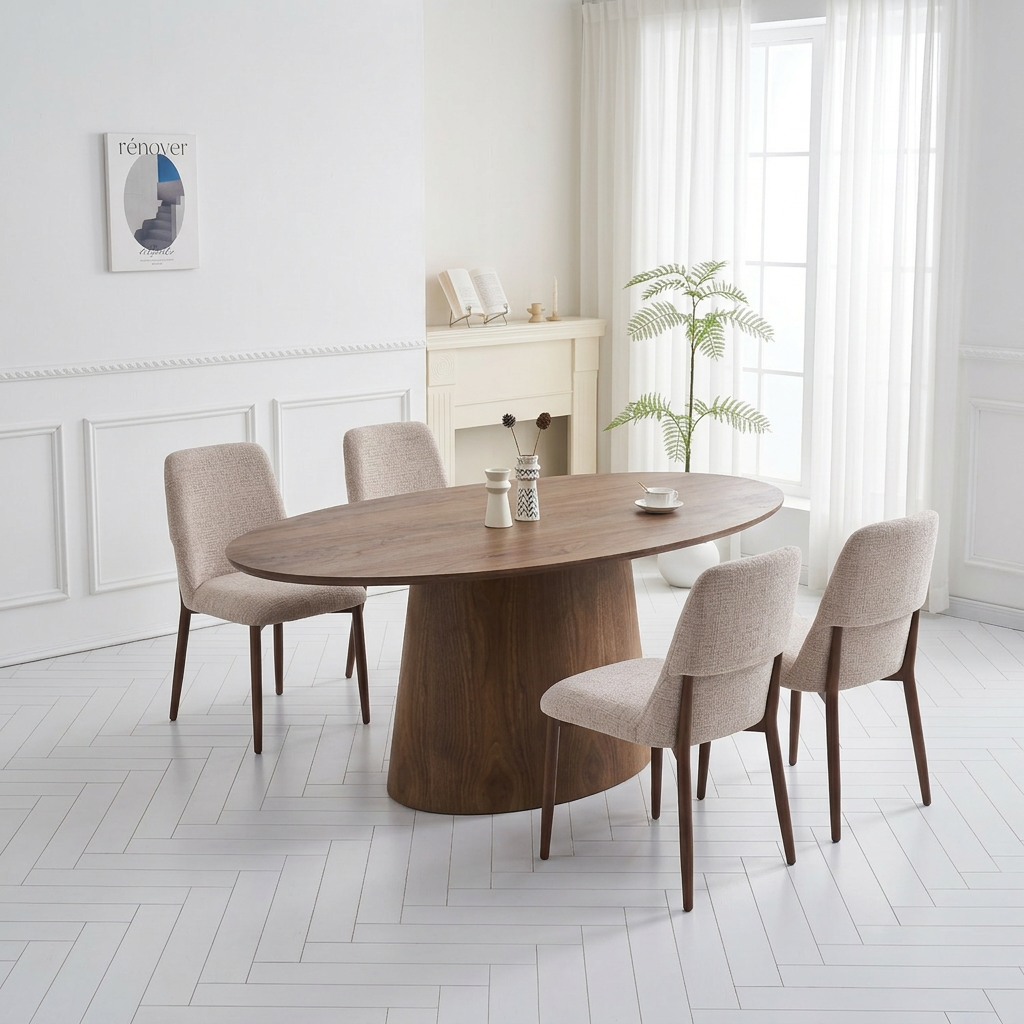 סט פינת אוכל שולחן אוכל אובלי מעץ בצבע אגוז 200*100 ס"מ ALTON+ 4 כיסאות אוכל בצבע חול בשילוב רגל אגוז דגם סורה