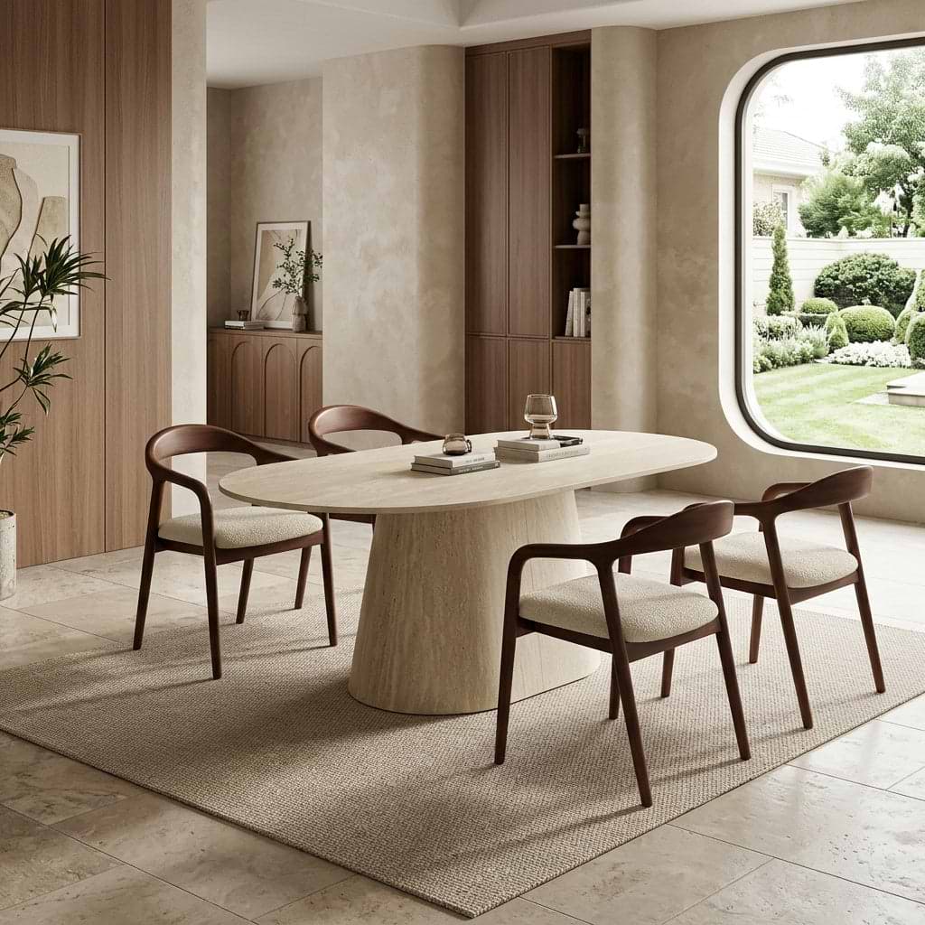 סט פינת אוכל שולחן פינת אוכל טרוורטין אובלי 200*100 ס"מ בשילוב 4 כיסאות עץ אגוז בשילוב בד פשתן דגם ג'ורדן