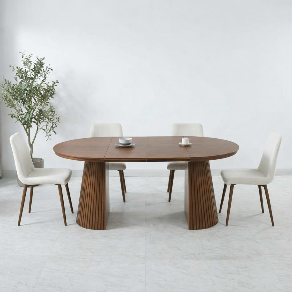 סט פינת אוכל שולחן אובלי נפתח צבע עץ אגוז 120-160/200 ס"מ דגם ריאן + 4 כיסאות צבע קרם בשילוב רגל אגוז דגם שחר