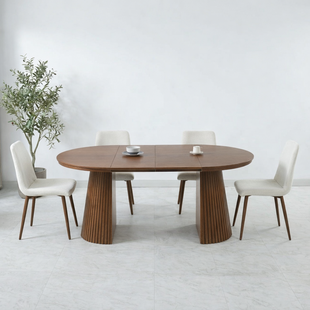 סט פינת אוכל שולחן אובלי נפתח צבע עץ אגוז 120-160/200 ס"מ דגם ריאן +  4 כיסאות צבע קרם בשילוב רגל אגוז דגם שחר