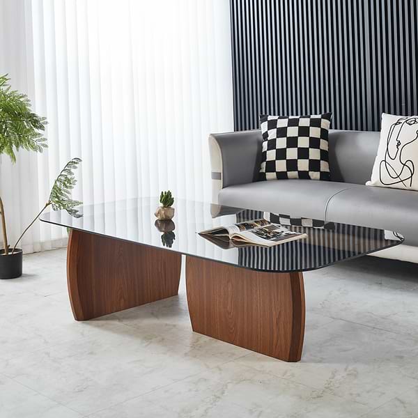 שולחן סלון זכוכית חומה עם רגלי עץ צבע אגוז טבעי – 150×70 ס