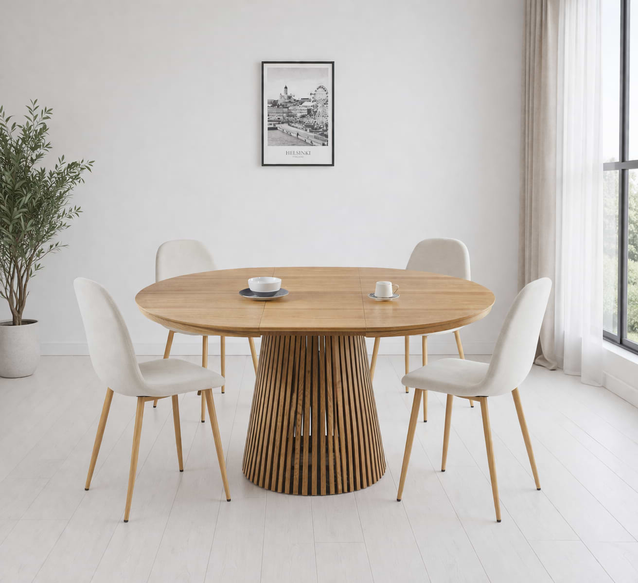 סט פינת אוכל שולחן עגול נפתח צבע עץ אלון 120 ס"מ דגם דילן+ 4 כיסאות תואמים