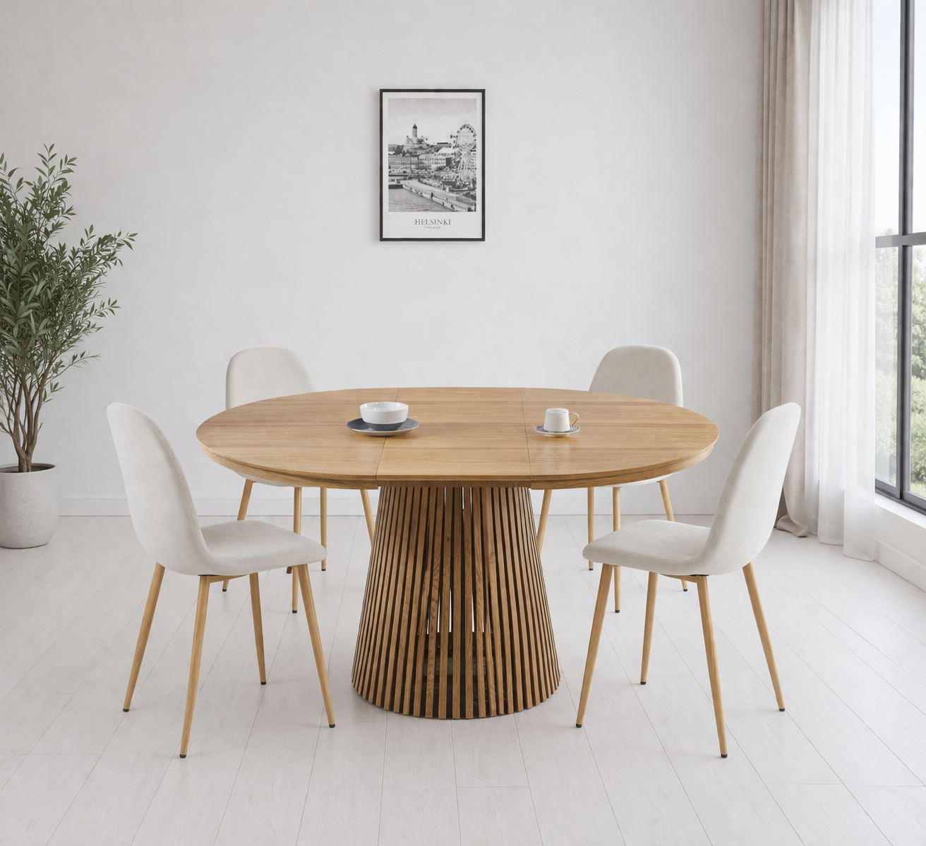 סט פינת אוכל שולחן עגול נפתח צבע עץ אלון 120 ס"מ דגם דילן+ 4 כיסאות תואמים