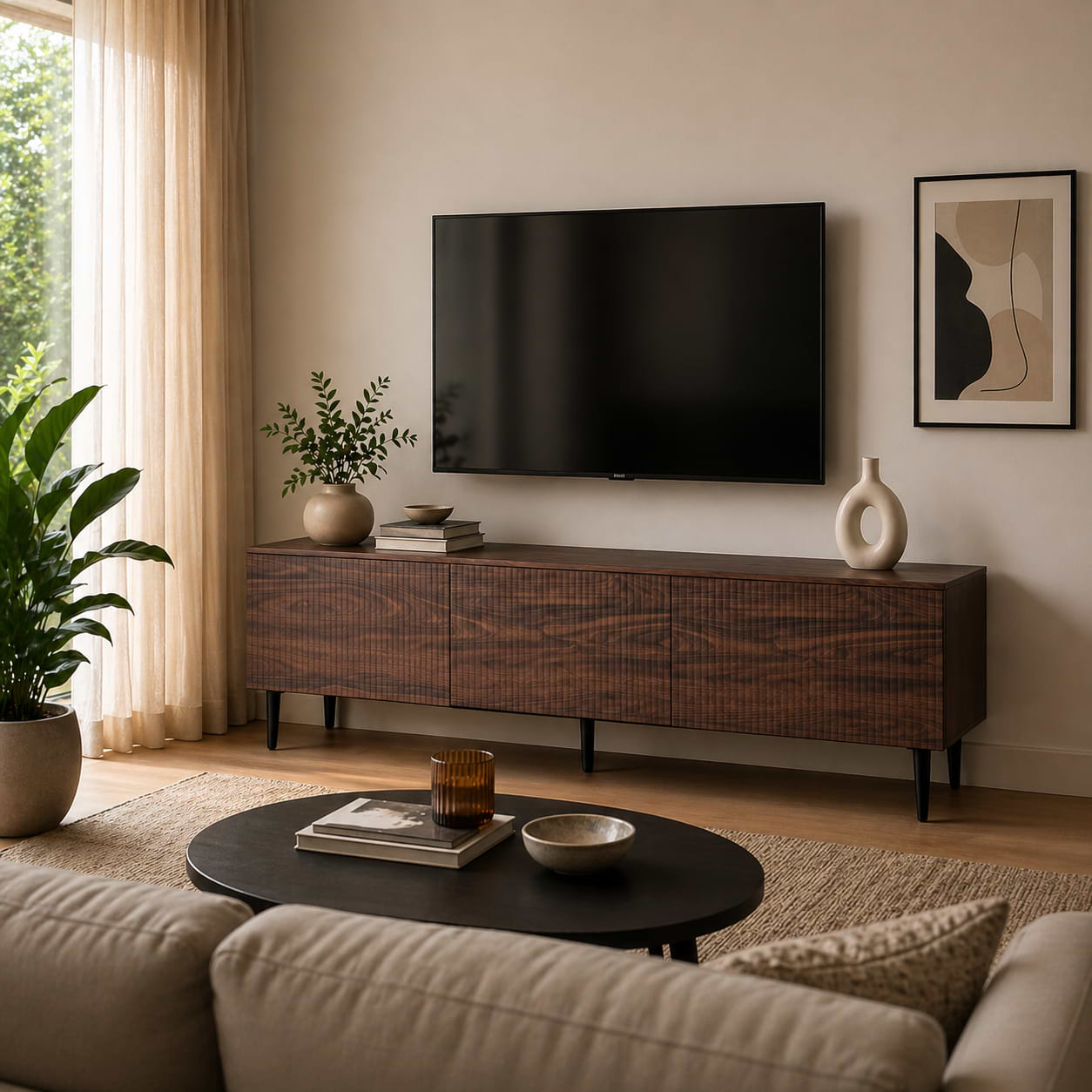 מזנון טלוויזיה פסים בצבע אגוז אורך 200 ס"מ דגם שגיא