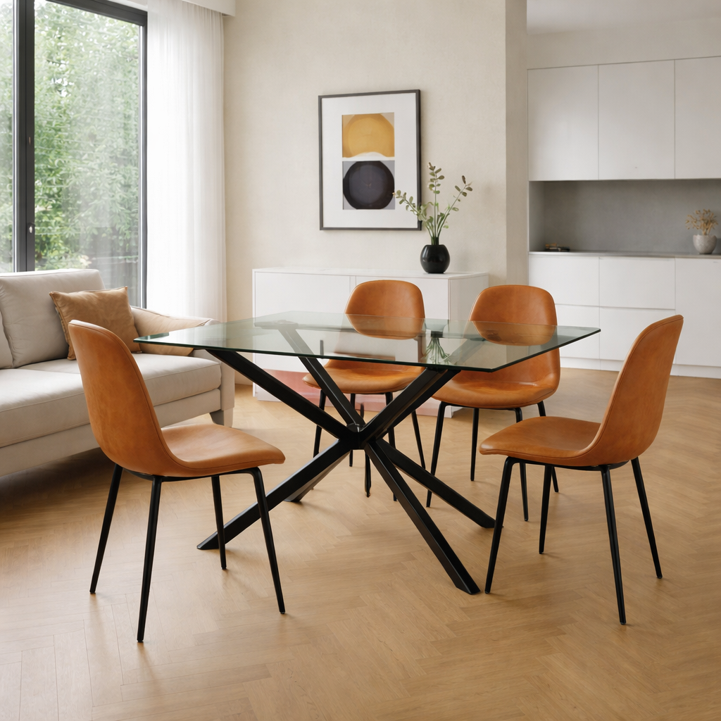 סט פינת אוכל שולחן זכוכית רגל שחורה בשילוב 4 כיסאות דמוי עור קוניאק דגם קאי