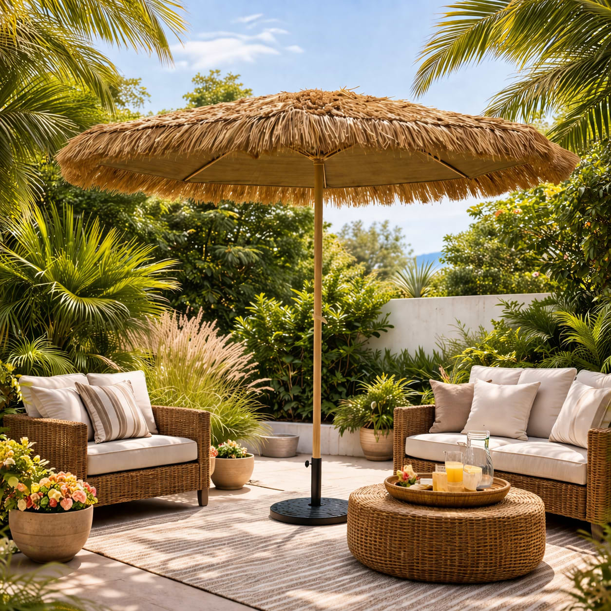 שמשיה עגולה עשויה קש מלאכותי רגל אמצע קוטר 3 מטר דגם מיקונוס