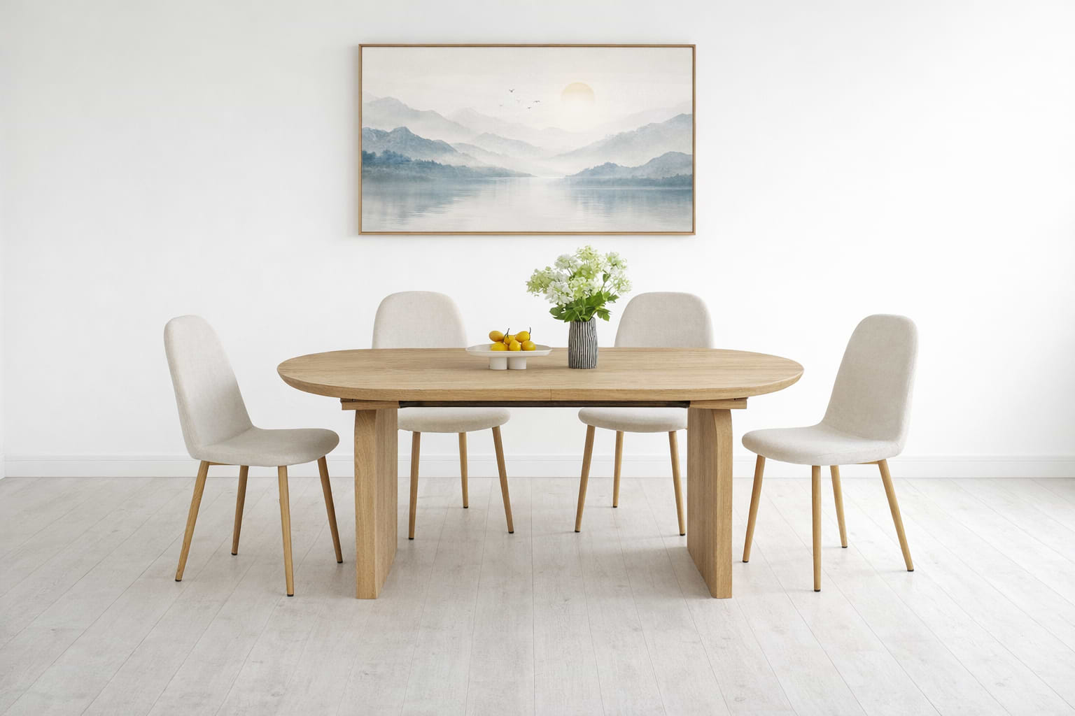 סט פינת אוכל שולחן אובלי נפתח צבע עץ אלון 180-260*90 ס"מ דגם מרטין+ 4 כיסאות תואמים