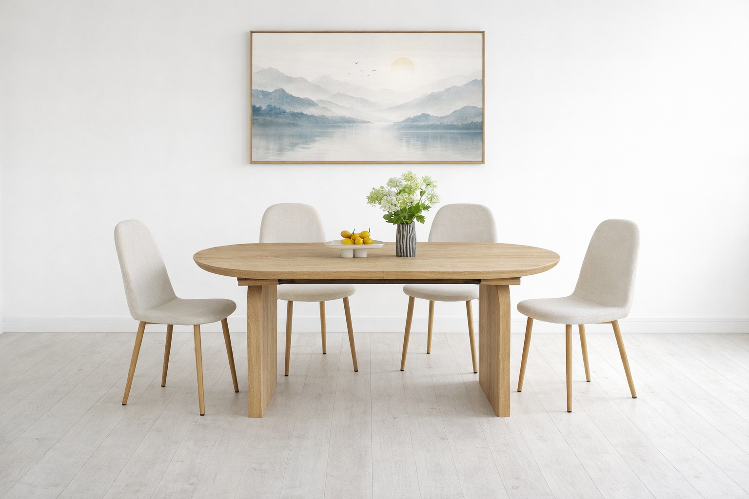 סט פינת אוכל שולחן אובלי נפתח צבע עץ אלון 180-260*90 ס"מ דגם מרטין+ 4 כיסאות תואמים