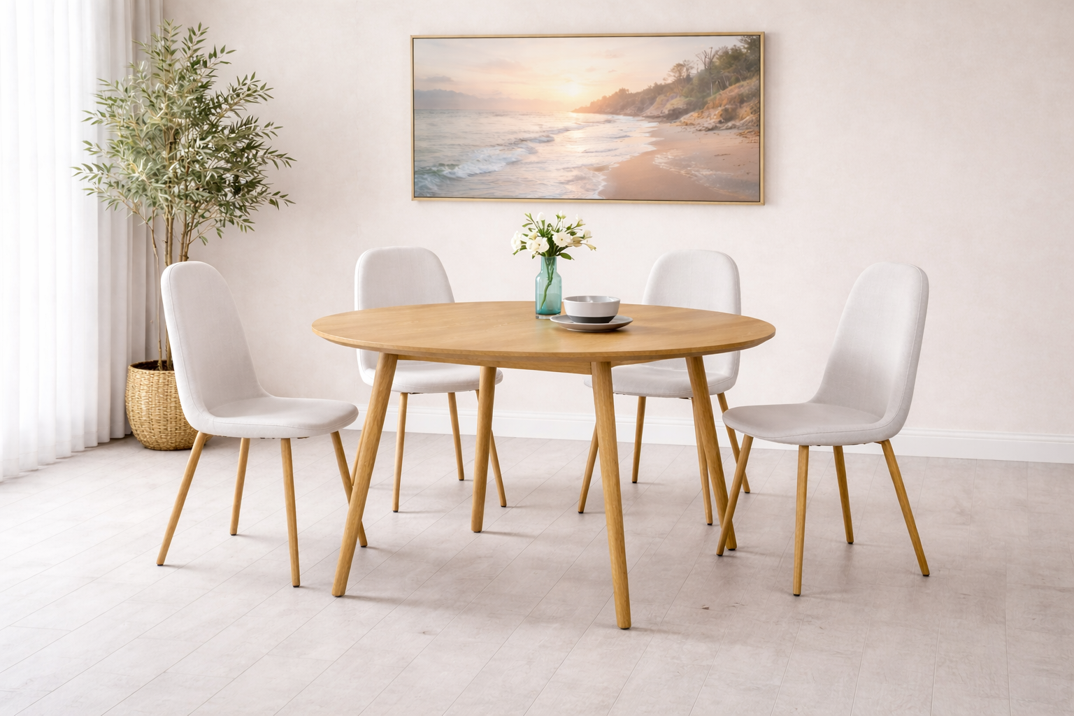 סט פינת אוכל שולחן עגול צבע עץ אלון  קוטר 120 ס"מ דגם דניאל+ 4 כיסאות תואמים