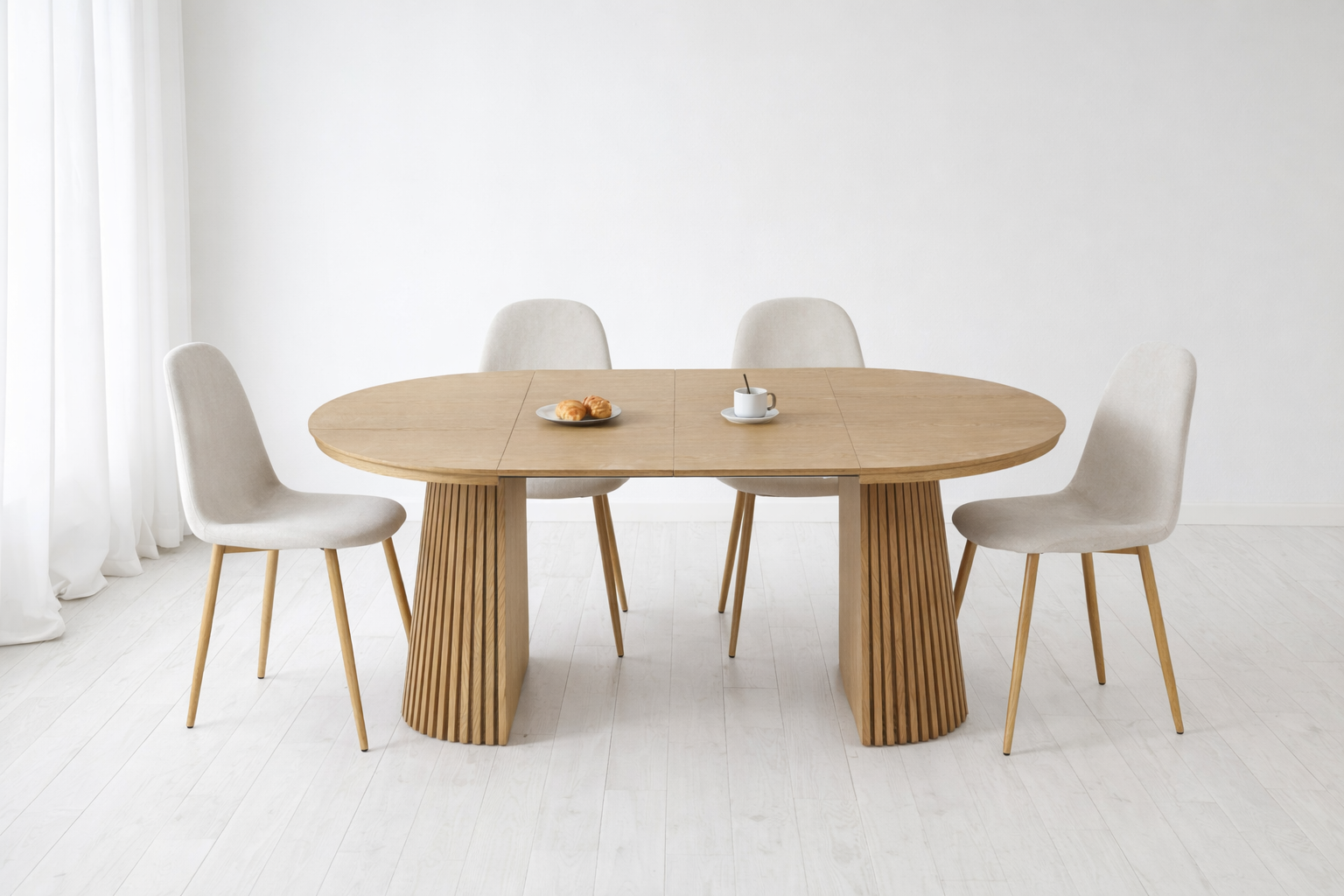 סט פינת אוכל שולחן אובלי נפתח צבע עץ אלון 120-160/200 ס"מ דגם ריאן + 4 כיסאות תואמים