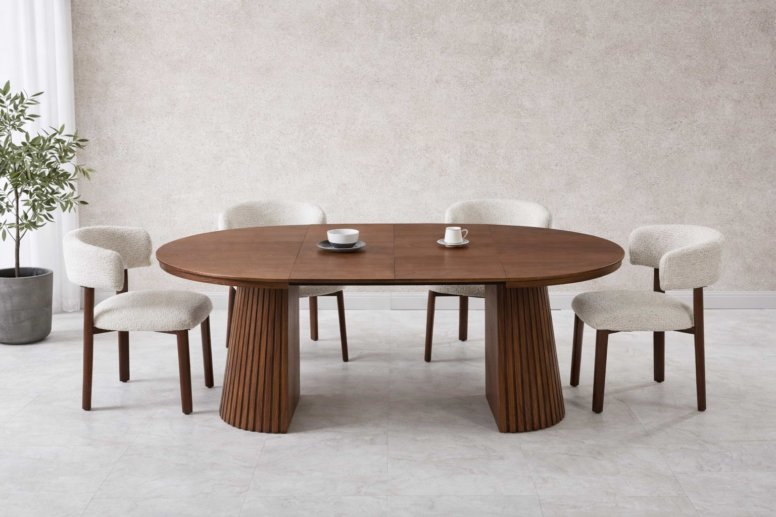 סט פינת אוכל שולחן אובלי נפתח צבע עץ אגוז 120-160/200 ס"מ דגם ריאן + 4 כיסאות תואמים דגם שירז