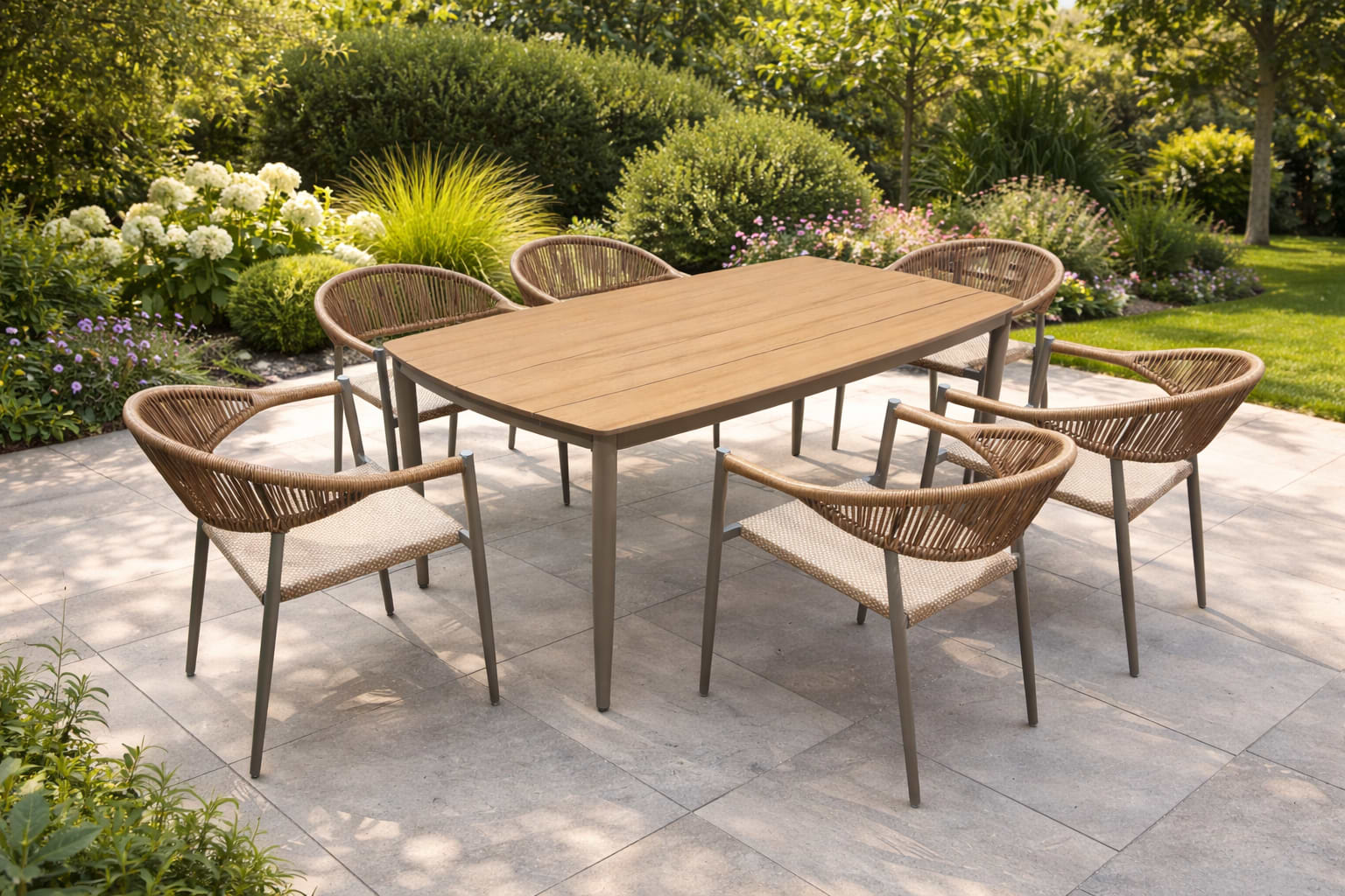 סט פינת אוכל לגינה שולחן ו 6 כסאות בשילוב דמוי עץ וראטן 160*90 ס"מ דגם מונטון